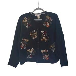 Dress Barn Black Beaded Floral Bouquets Boxy Holiday Cardigan Sweater Size Large